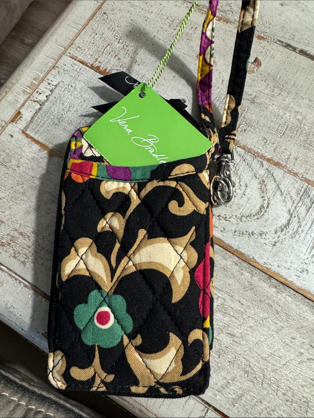 Vera Bradley Black Quilted Floral Phone Wristlet with Multicolor Accents